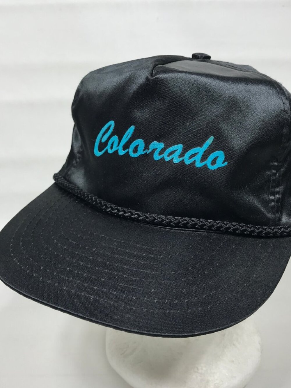 VTG Colorado Script Black Satin Nylon Rope Accent Zip Back Trucker Cap Hat